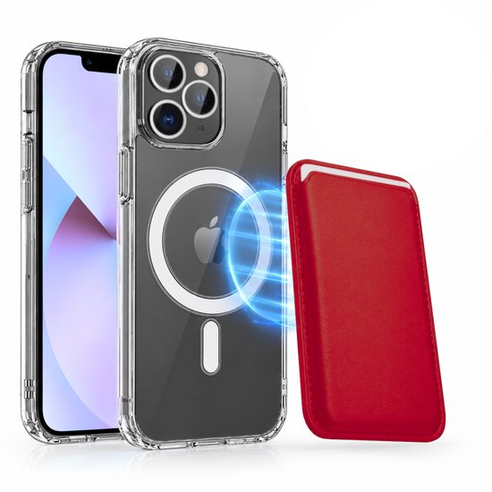 Magnetisch Hoesje Geschikt voor Magsafe inclusief Pasjeshouder - Creditkaarthouder - Hoesje + Kaarthouder Geschikt voor iPhone 13 Pro - Rood