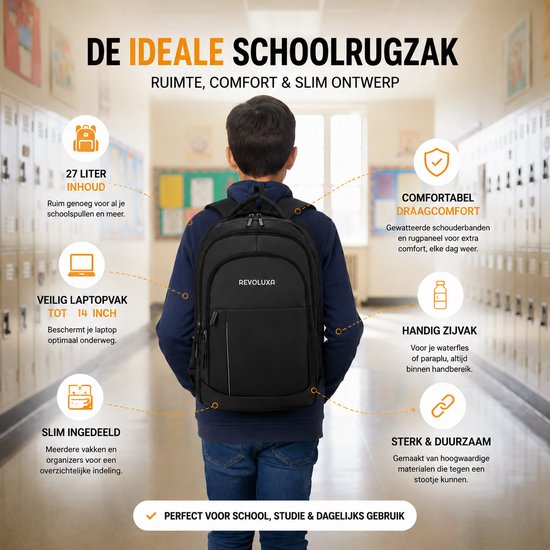 Revoluxa 27L Rugtas met Laptopvak tot 14 inch - Waterdichte Schooltas, Laptoptas, Reistas voor Dames en Heren - Zwart