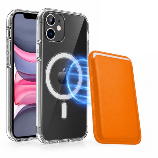 Magnetisch Hoesje Geschikt voor Magsafe inclusief Pasjeshouder - Creditkaarthouder - Hoesje + Kaarthouder Geschikt voor iPhone 11 - Oranje