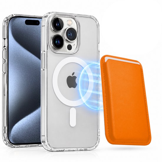 Magnetisch Hoesje Geschikt voor Magsafe inclusief Pasjeshouder - Creditkaarthouder - Hoesje + Kaarthouder Geschikt voor iPhone 15 Pro Max - Oranje
