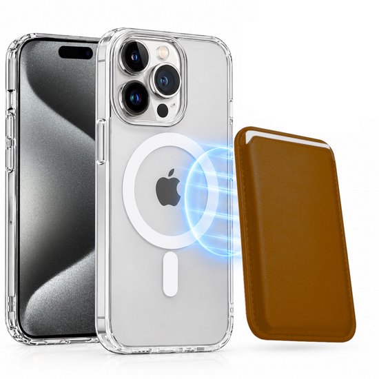 Magnetisch Hoesje Geschikt voor Magsafe inclusief Pasjeshouder - Creditkaarthouder - Hoesje + Kaarthouder Geschikt voor iPhone 15 Pro - Bruin