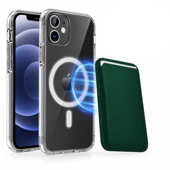 Magnetisch Hoesje Geschikt voor Magsafe inclusief Pasjeshouder - Creditkaarthouder - Hoesje + Kaarthouder Geschikt voor iPhone 12 Mini - Groen