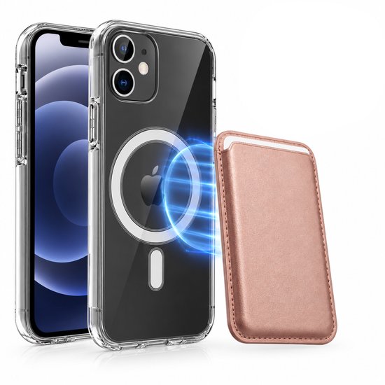 Magnetisch Hoesje Geschikt voor Magsafe inclusief Pasjeshouder - Creditkaarthouder - Hoesje + Kaarthouder Geschikt voor iPhone 12 Mini - Rosé Goud