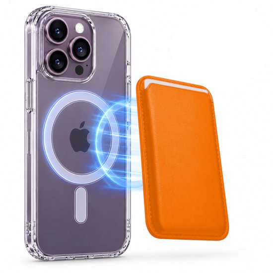 Magnetisch Hoesje Geschikt voor Magsafe inclusief Pasjeshouder - Creditkaarthouder - Hoesje + Kaarthouder Geschikt voor iPhone 14 Pro Max - Oranje
