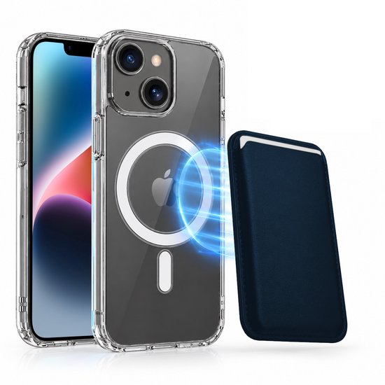 Magnetisch Hoesje Geschikt voor Magsafe inclusief Pasjeshouder - Creditkaarthouder - Hoesje + Kaarthouder Geschikt voor iPhone 14 - Blauw