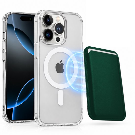 Magnetisch Hoesje Geschikt voor Magsafe inclusief Pasjeshouder - Creditkaarthouder - Hoesje + Kaarthouder Geschikt voor iPhone 16 Pro - Groen