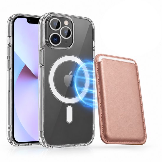 Magnetisch Hoesje Geschikt voor Magsafe inclusief Pasjeshouder - Creditkaarthouder - Hoesje + Kaarthouder Geschikt voor iPhone 13 Pro - Rosé Goud