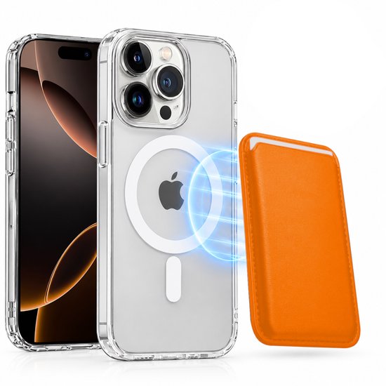 Magnetisch Hoesje Geschikt voor Magsafe inclusief Pasjeshouder - Creditkaarthouder - Hoesje + Kaarthouder Geschikt voor iPhone 16 Pro Max - Oranje