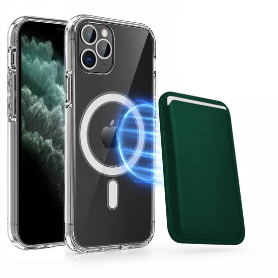 Magnetisch Hoesje Geschikt voor Magsafe inclusief Pasjeshouder - Creditkaarthouder - Hoesje + Kaarthouder Geschikt voor iPhone 11 Pro Max - Groen