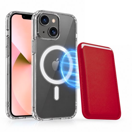 Magnetisch Hoesje Geschikt voor Magsafe inclusief Pasjeshouder - Creditkaarthouder - Hoesje + Kaarthouder Geschikt voor iPhone 13 Mini - Rood