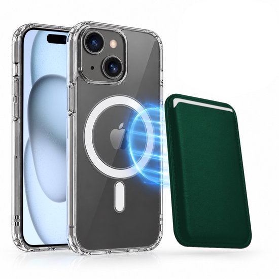 Magnetisch Hoesje Geschikt voor Magsafe inclusief Pasjeshouder - Creditkaarthouder - Hoesje + Kaarthouder Geschikt voor iPhone 15 Plus - Groen