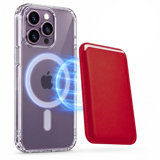 Magnetisch Hoesje Geschikt voor Magsafe inclusief Pasjeshouder - Creditkaarthouder - Hoesje + Kaarthouder Geschikt voor iPhone 14 Pro - Rood