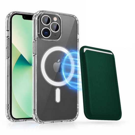 Magnetisch Hoesje Geschikt voor Magsafe inclusief Pasjeshouder - Creditkaarthouder - Hoesje + Kaarthouder Geschikt voor iPhone 13 Pro Max - Groen