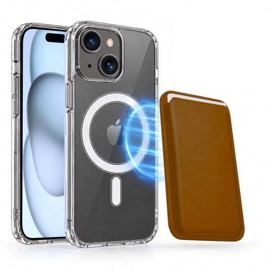 Magnetisch Hoesje Geschikt voor Magsafe inclusief Pasjeshouder - Creditkaarthouder - Hoesje + Kaarthouder Geschikt voor iPhone 15 Plus - Bruin