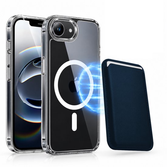 Magnetisch Hoesje Geschikt voor Magsafe inclusief Pasjeshouder - Creditkaarthouder - Hoesje + Kaarthouder Geschikt voor iPhone 17e / 16e - Blauw