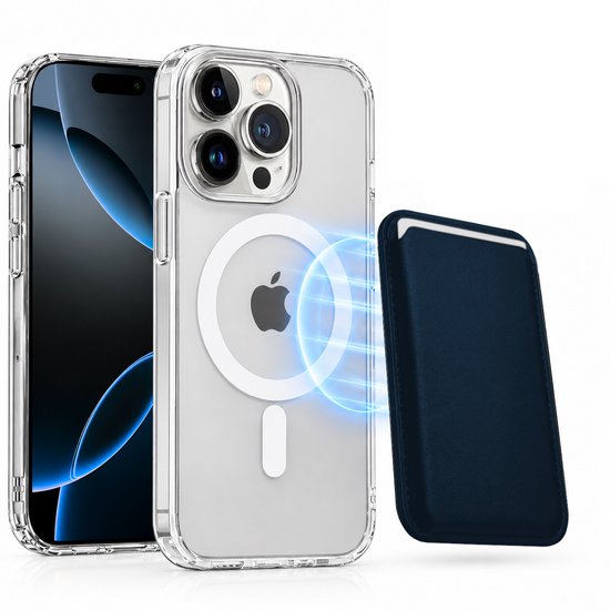 Magnetisch Hoesje Geschikt voor Magsafe inclusief Pasjeshouder - Creditkaarthouder - Hoesje + Kaarthouder Geschikt voor iPhone 16 Pro - Blauw