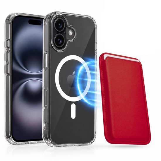Magnetisch Hoesje Geschikt voor Magsafe inclusief Pasjeshouder - Creditkaarthouder - Hoesje + Kaarthouder Geschikt voor iPhone 16 - Rood