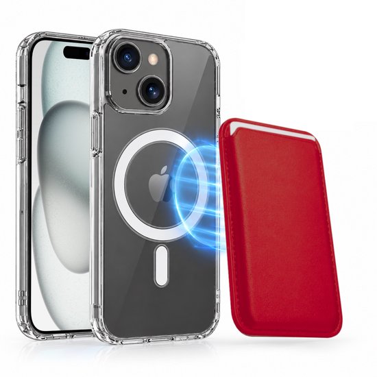 Magnetisch Hoesje Geschikt voor Magsafe inclusief Pasjeshouder - Creditkaarthouder - Hoesje + Kaarthouder Geschikt voor iPhone 15 - Rood