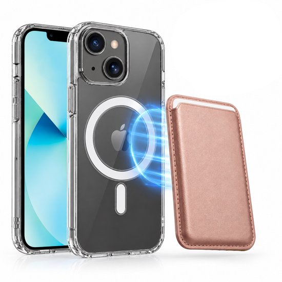 Magnetisch Hoesje Geschikt voor Magsafe inclusief Pasjeshouder - Creditkaarthouder - Hoesje + Kaarthouder Geschikt voor iPhone 13 - Rosé Goud