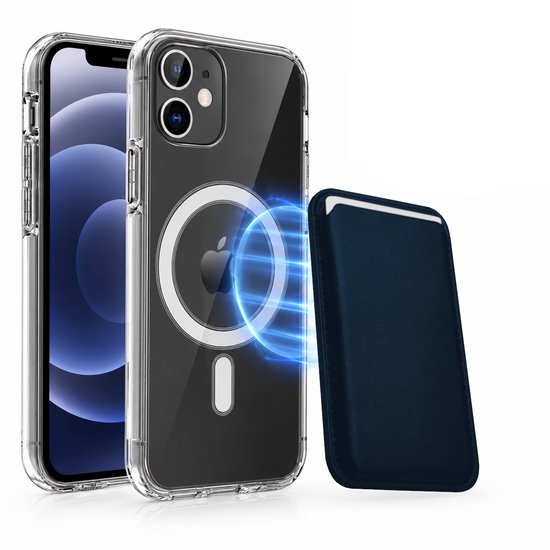 Magnetisch Hoesje Geschikt voor Magsafe inclusief Pasjeshouder - Creditkaarthouder - Hoesje + Kaarthouder Geschikt voor iPhone 12 Mini - Blauw