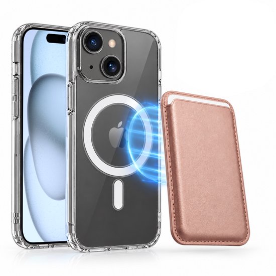 Magnetisch Hoesje Geschikt voor Magsafe inclusief Pasjeshouder - Creditkaarthouder - Hoesje + Kaarthouder Geschikt voor iPhone 15 Plus - Rosé Goud