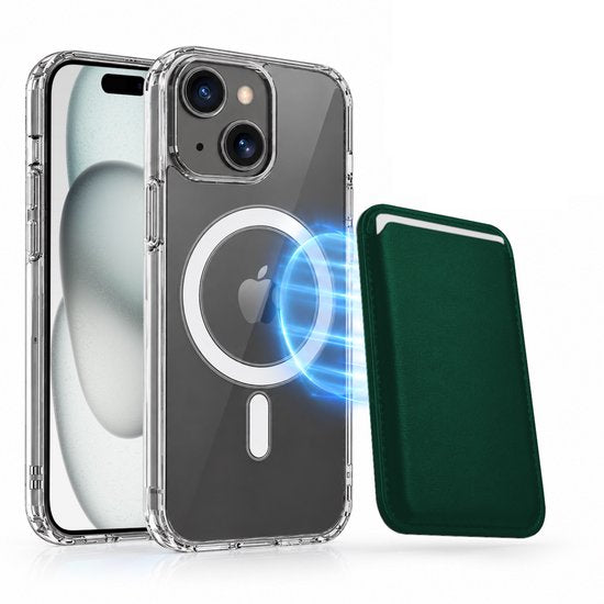 Magnetisch Hoesje Geschikt voor Magsafe inclusief Pasjeshouder - Creditkaarthouder - Hoesje + Kaarthouder Geschikt voor iPhone 15 - Groen