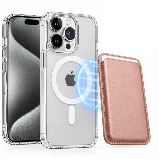 Magnetisch Hoesje Geschikt voor Magsafe inclusief Pasjeshouder - Creditkaarthouder - Hoesje + Kaarthouder Geschikt voor iPhone 15 Pro - Rosé Goud