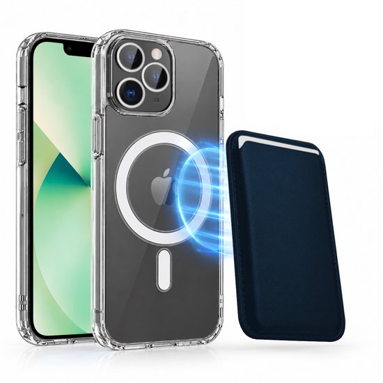 Magnetisch Hoesje Geschikt voor Magsafe inclusief Pasjeshouder - Creditkaarthouder - Hoesje + Kaarthouder Geschikt voor iPhone 13 Pro Max - Blauw