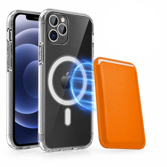 Magnetisch Hoesje Geschikt voor Magsafe inclusief Pasjeshouder - Creditkaarthouder - Hoesje + Kaarthouder Geschikt voor iPhone 12 Pro Max - Oranje