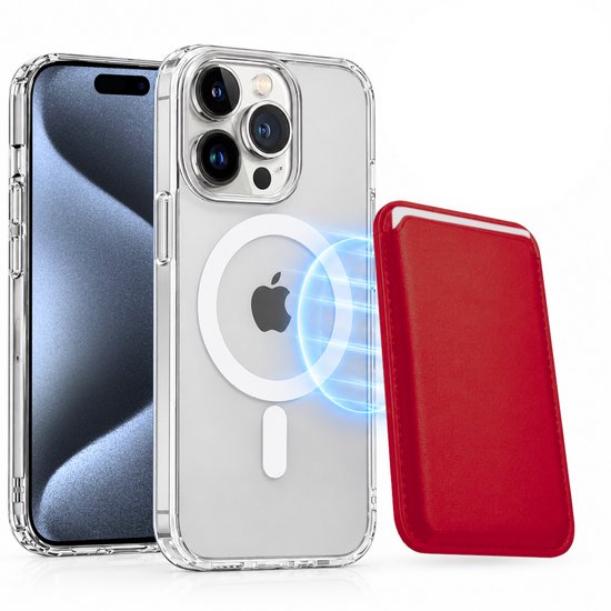 Magnetisch Hoesje Geschikt voor Magsafe inclusief Pasjeshouder - Creditkaarthouder - Hoesje + Kaarthouder Geschikt voor iPhone 15 Pro Max - Rood