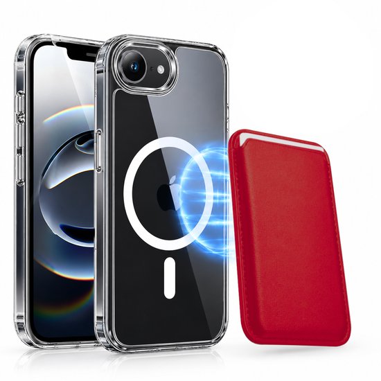 Magnetisch Hoesje Geschikt voor Magsafe inclusief Pasjeshouder - Creditkaarthouder - Hoesje + Kaarthouder Geschikt voor iPhone 17e / 16e - Rood
