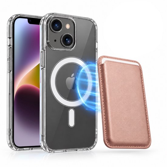 Magnetisch Hoesje Geschikt voor Magsafe inclusief Pasjeshouder - Creditkaarthouder - Hoesje + Kaarthouder Geschikt voor iPhone 14 Plus - Rosé Goud