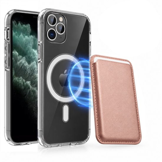 Magnetisch Hoesje Geschikt voor Magsafe inclusief Pasjeshouder - Creditkaarthouder - Hoesje + Kaarthouder Geschikt voor iPhone 11 Pro - Rosé Goud