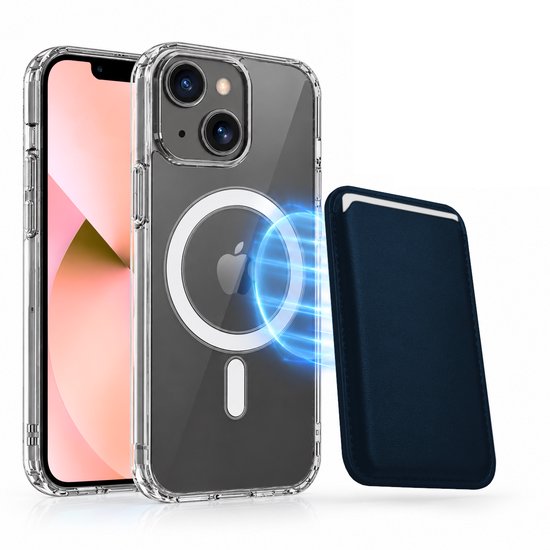 Magnetisch Hoesje Geschikt voor Magsafe inclusief Pasjeshouder - Creditkaarthouder - Hoesje + Kaarthouder Geschikt voor iPhone 13 Mini - Blauw