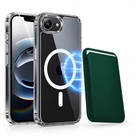 Magnetisch Hoesje Geschikt voor Magsafe inclusief Pasjeshouder - Creditkaarthouder - Hoesje + Kaarthouder Geschikt voor iPhone 17e / 16e - Groen