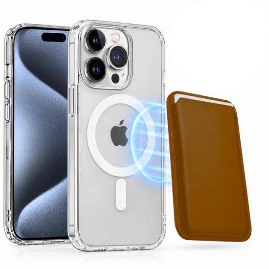Magnetisch Hoesje Geschikt voor Magsafe inclusief Pasjeshouder - Creditkaarthouder - Hoesje + Kaarthouder Geschikt voor iPhone 15 Pro Max - Bruin