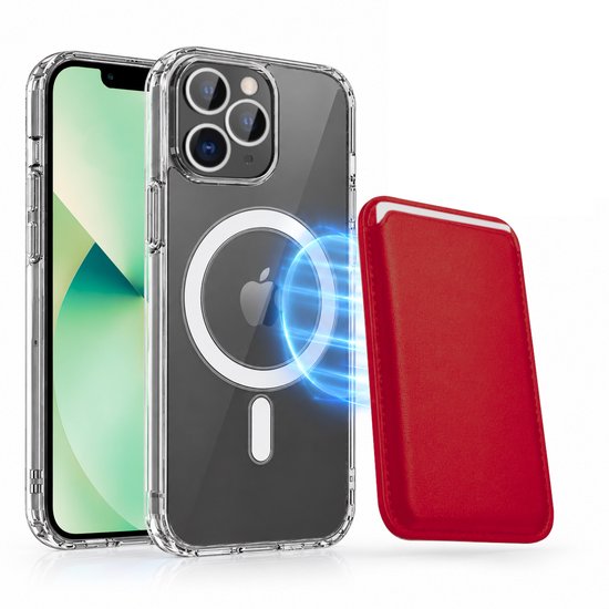Magnetisch Hoesje Geschikt voor Magsafe inclusief Pasjeshouder - Creditkaarthouder - Hoesje + Kaarthouder Geschikt voor iPhone 13 Pro Max - Rood