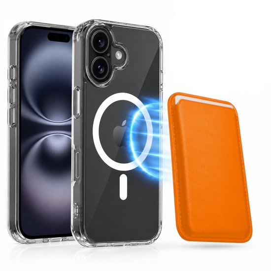 Magnetisch Hoesje Geschikt voor Magsafe inclusief Pasjeshouder - Creditkaarthouder - Hoesje + Kaarthouder Geschikt voor iPhone 16 - Oranje