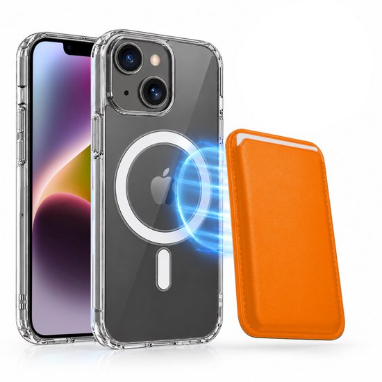 Magnetisch Hoesje Geschikt voor Magsafe inclusief Pasjeshouder - Creditkaarthouder - Hoesje + Kaarthouder Geschikt voor iPhone 14 Plus - Oranje