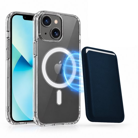 Magnetisch Hoesje Geschikt voor Magsafe inclusief Pasjeshouder - Creditkaarthouder - Hoesje + Kaarthouder Geschikt voor iPhone 13 - Blauw