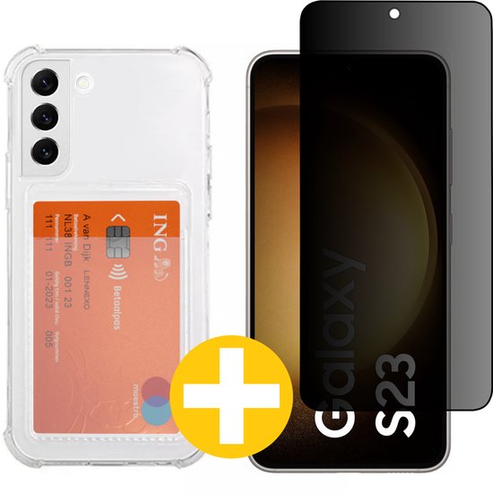 Pashouder Hoesje en Privacy Screenprotector Combi Geschikt Voor Samsung S23 - Pasjeshouder + Privacy Screenprotector