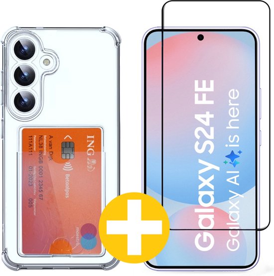 Pashouder Hoesje en Screenprotector Combi Geschikt Voor Samsung S24 FE (Fan Edition) - Pasjeshouder + Premium Screenprotector