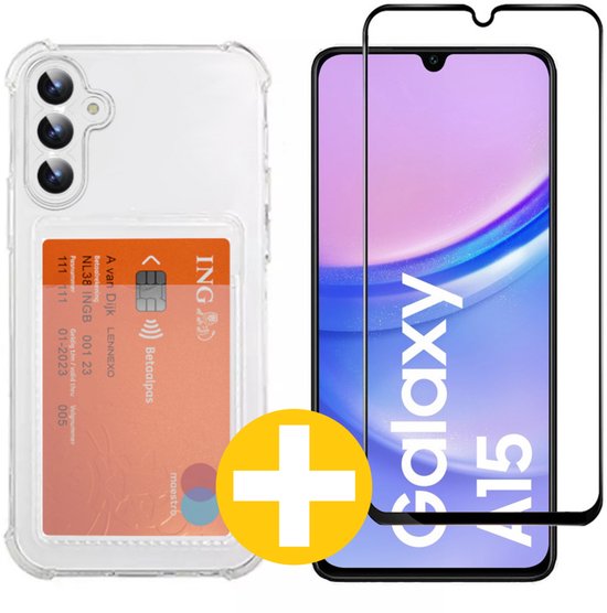 Pashouder Hoesje en Screenprotector Combi Geschikt Voor Samsung A15 - Pasjeshouder + Premium Screenprotector
