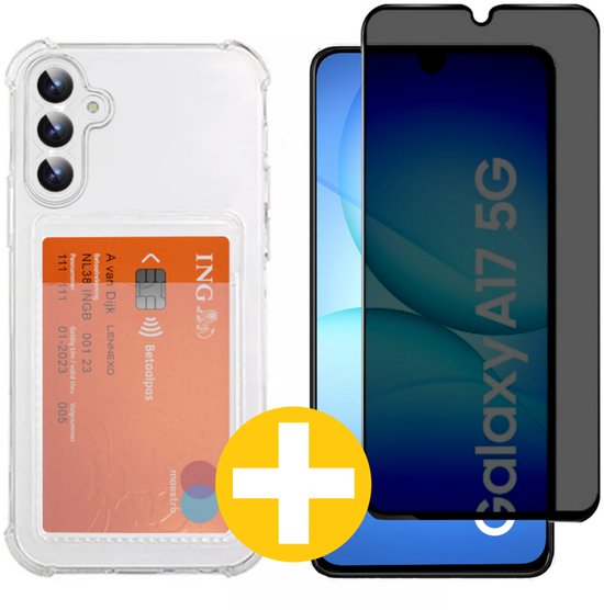 Pashouder Hoesje en Privacy Screenprotector Combi Geschikt Voor Samsung A17 - Pasjeshouder + Privacy Screenprotector