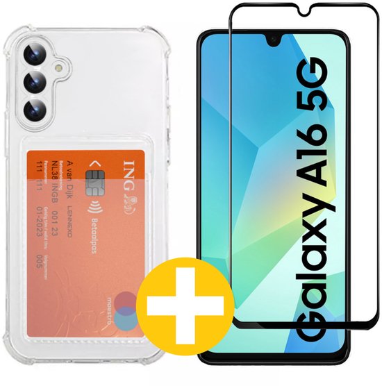 Pashouder Hoesje en Screenprotector Combi Geschikt Voor Samsung A16 - Pasjeshouder + Premium Screenprotector