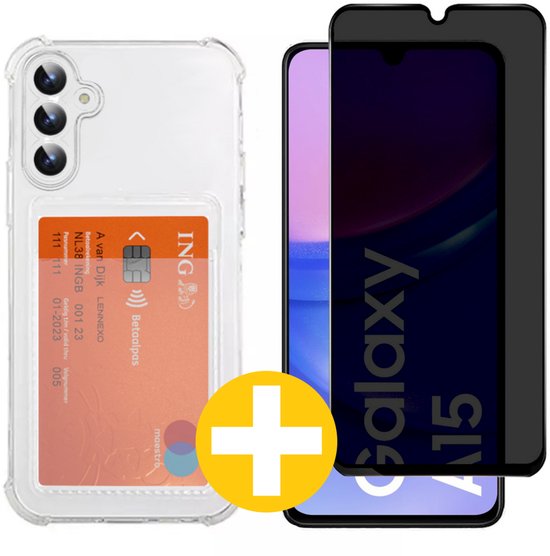 Pashouder Hoesje en Privacy Screenprotector Combi Geschikt Voor Samsung A15 - Pasjeshouder + Privacy Screenprotector