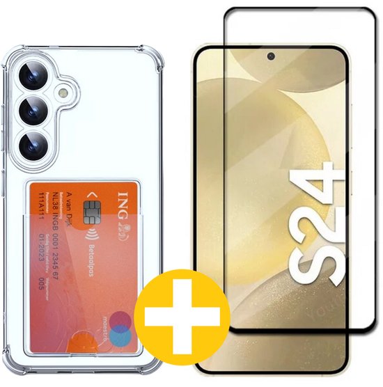 Pashouder Hoesje en Screenprotector Combi Geschikt Voor Samsung S24 - Pasjeshouder + Premium Screenprotector