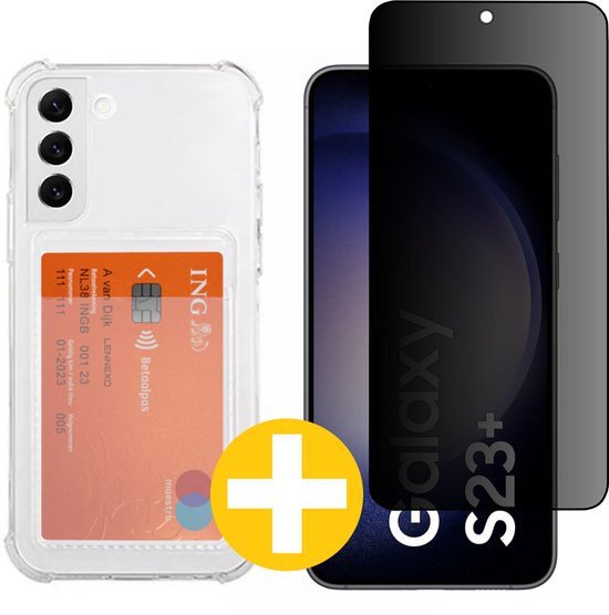 Pashouder Hoesje en Privacy Screenprotector Combi Geschikt Voor Samsung S23+ (S23 PLUS) - Pasjeshouder + Privacy Screenprotector
