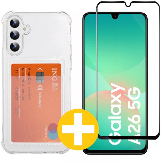 Pashouder Hoesje en Screenprotector Combi Geschikt Voor Samsung A26 - Pasjeshouder + Premium Screenprotector