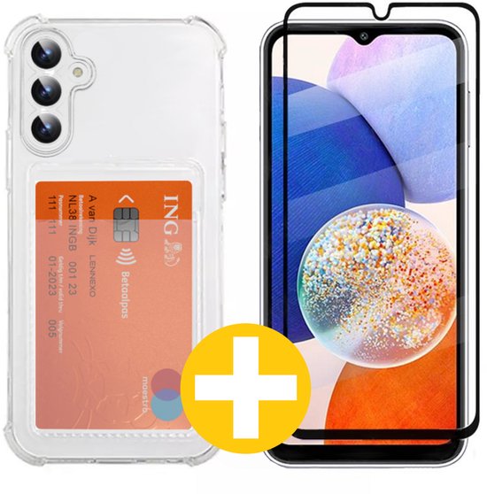 Pashouder Hoesje en Screenprotector Combi Geschikt Voor Samsung A14 - Pasjeshouder + Premium Screenprotector